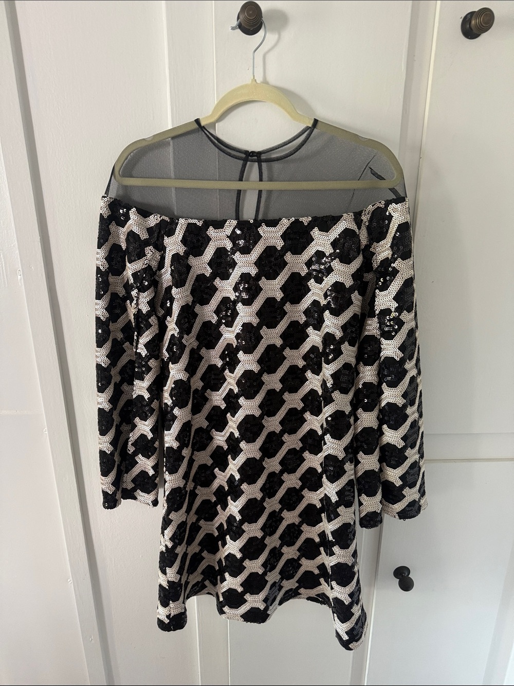 Anne Fontaine Black & White Sequin Off-Shoulder Dress with Flared Sleeves